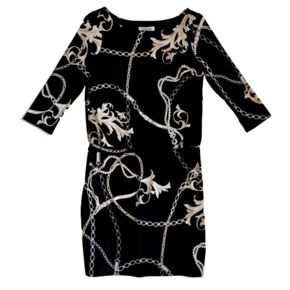 WHBM Dress Y2K Black Cream Floral Pearl Print 3/4 Sleeve Blouson Dress Size XS